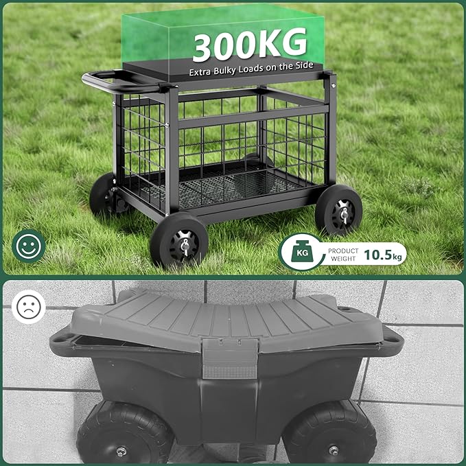 FLINTER Rolling Garden Work Seat with Wheels, Heavy Duty Garden Cart with Seat - Metal Rolling Garden Stool, Upgraded Gardening Cart for Seniors, Outdoor Wagon for Lawn, Patio Gardening, Black - Image 4