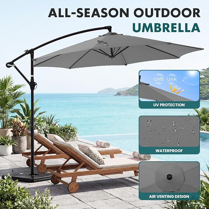 OLIXIS Offset Patio Umbrella, 9.7FT Cantilever Table Umbrellas for Outdoor Sun Shade UV Protection with Easy Tilt Adjustment, 8 Ribs for Backyard, Lawn, Garden, Pool - Grey - Image 2