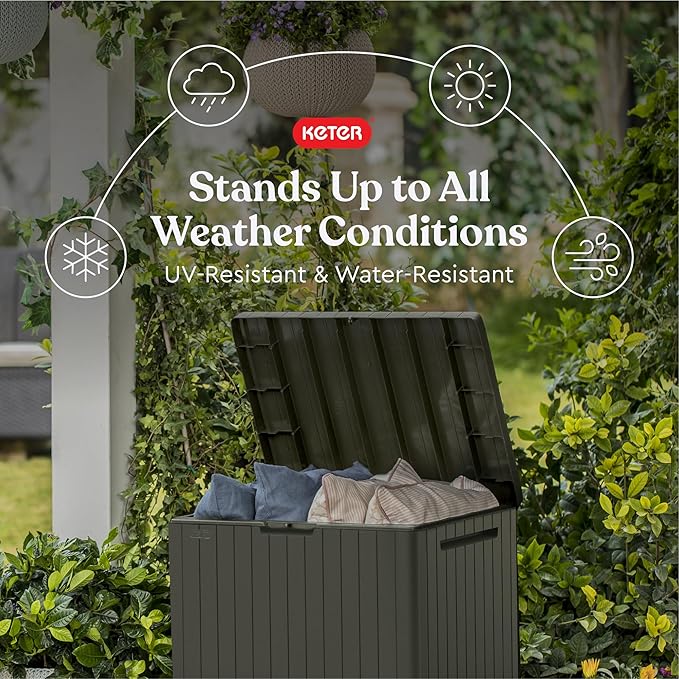 Keter City 30 Gallon Resin Outdoor Storage Box & Patio Side Table for Balcony, Pool, Deck & Garden Accessories, Weather‑Resistant, Mossy Brown - Image 3