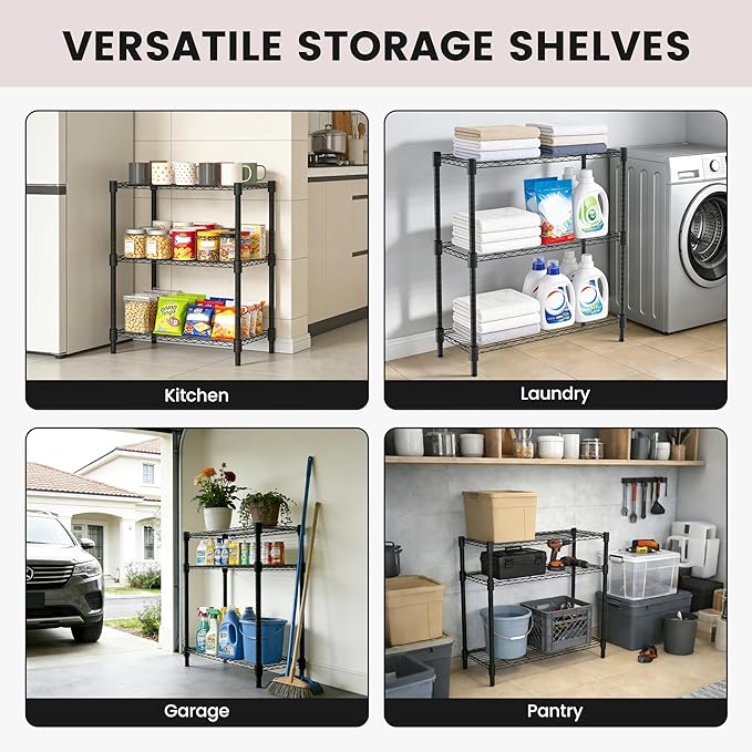Xcity Storage Shelves, 3 Tier Heavy Duty Metal Shelving Unit, 1200 LBS Capacity Adjustable Steel Wire Shelf Organizer for Pantry, Kitchen, Garage, 14" D x 36" W x 36" H, Black - Image 7