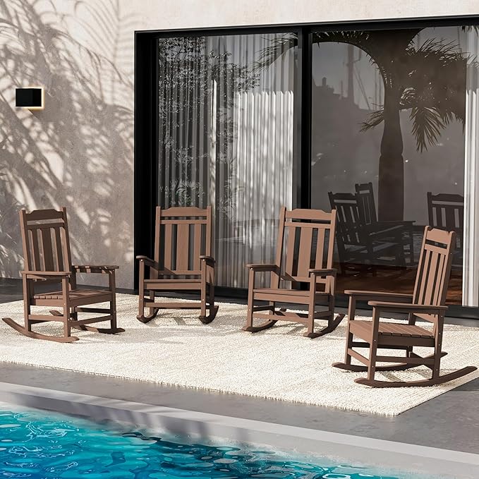 SERWALL Oversized Rocking Chair Set of 4 Outdoor, HDPE Outdoor Rocking Chair Set of 4, Coffee by SERWALL