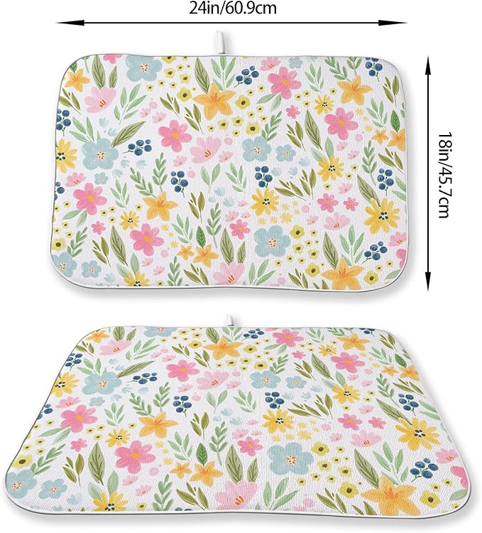 Spring Yellow Pink Blue Floral Dish Drying Mats 18x24 Inch Watercolor Flower - Image 2