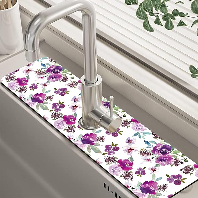 Watercolor Purple Flowers Faucet Absorbing Mat Splash Guard Draining Mat Fast by Unknown