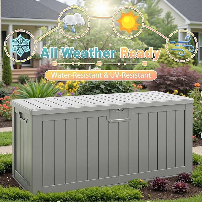 Patiowell 240 Gallon Large Outdoor Storage Box, Waterproof Deck Box with Fixed Divider, Lockable and Durable Patio Storage Solution for Patio Furniture and Garden Tools (Grey) - Image 5