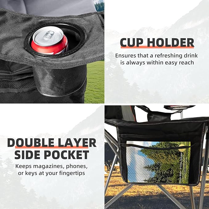 2 Pack Folding Camping Chairs for Adults - High Back Padded Outdoor Lawn Chairs with Lumbar Support & Cup Holder, 400lbs Heavy Duty Portable Camping Chairs Set (Black & Light Gray) - Image 7