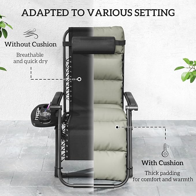 Outsunny Zero Gravity Chairs Set of 2, Reclining Folding Zero Gravity Lounge Chair, Outdoor Lounge Chairs with Removable Cushion, Headrest, and Cup Phone Holder Tray for Patio, Beach, Gray - Image 5