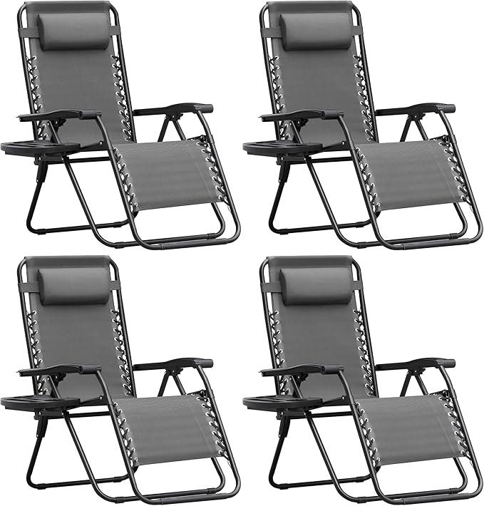 Homall Zero Gravity Chair Patio Folding Lawn Outdoor Lounge Gravity Camp Reclining Lounge Chair with Cup Holder Pillows for Poolside Backyard and Beach Set of 4 (Grey) by Homall