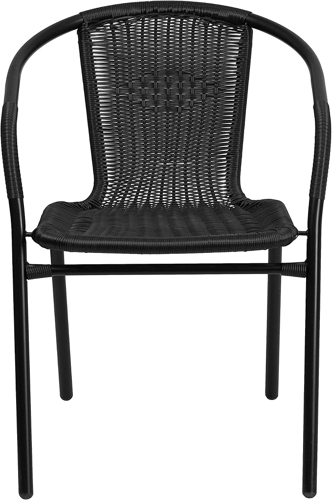 EMMA + OLIVER Set of 2 Modern Rattan Indoor/Outdoor Stack Chairs, Stacking Rattan Patio Chairs with Curved Back and Cross Bracing, Black - Image 9