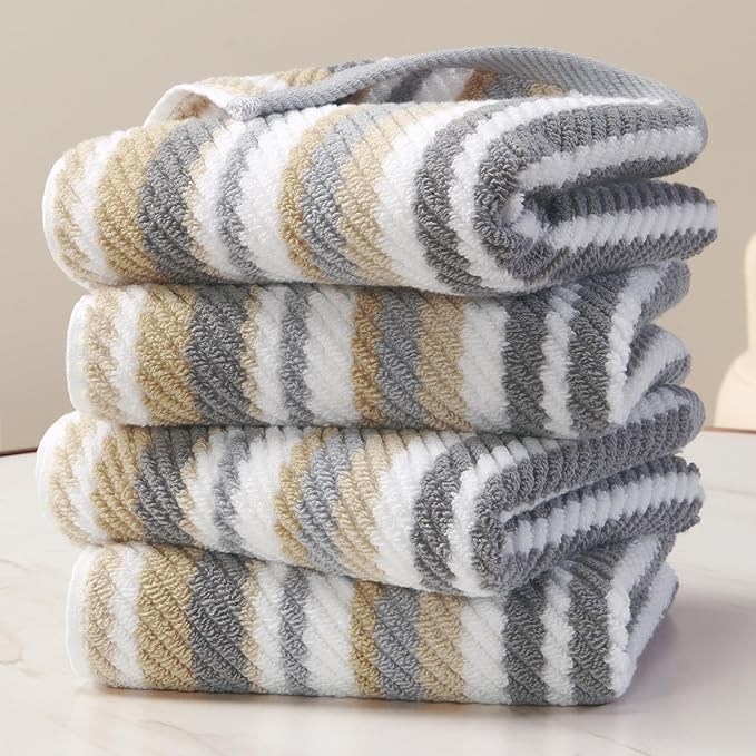 Beige Striped Hand Towels, Bathroom Hand Towels Set of 4, Soft Towel Set by VOOVAMOVAS