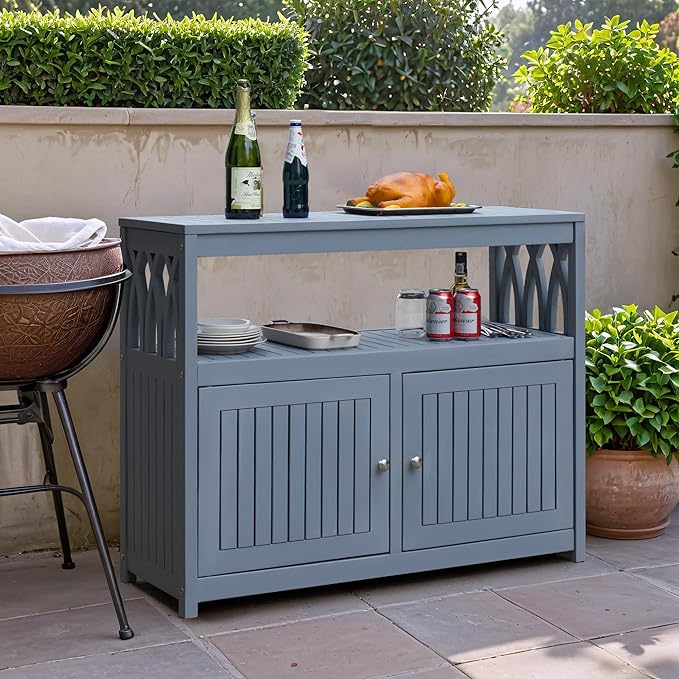 Flamaker Acacia Wood Cabinet with 2 Magnetic Doors - Weatherproof Outdoor Storage, Buffet, TV Stand, Bar, Potting Table (Grey) - Image 5