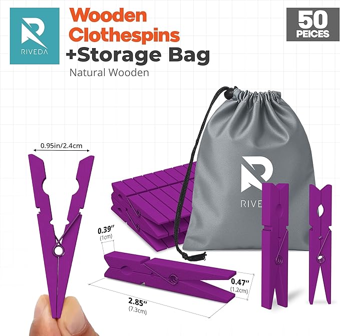 RIVEDA 50pcs Colored Wooden Clothes Pins, Clothespins - Image 2