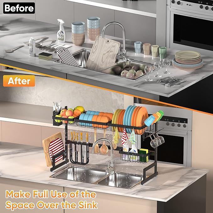 PUSDON Over Sink Dish Drying Rack Stainless Steel, Adjustable Large Dish Drainer - Image 2
