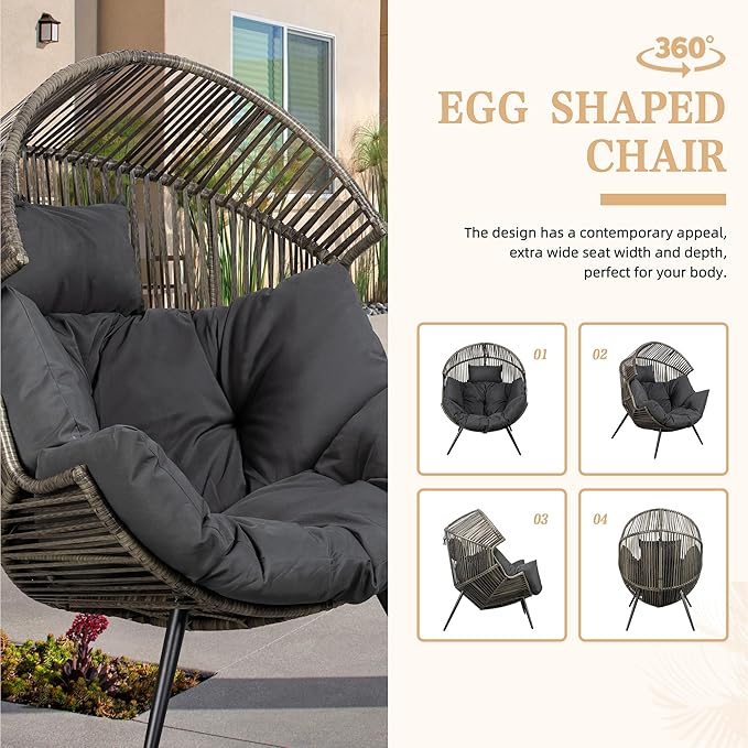 Vongrasig Wicker Egg Chair PE Rattan Chair with Cushion, Oversized Patio Lounge Chair for Outdoor, Indoor, Balcony, Backyard, Garden, Living Room, (Black/Rattan) - Image 6