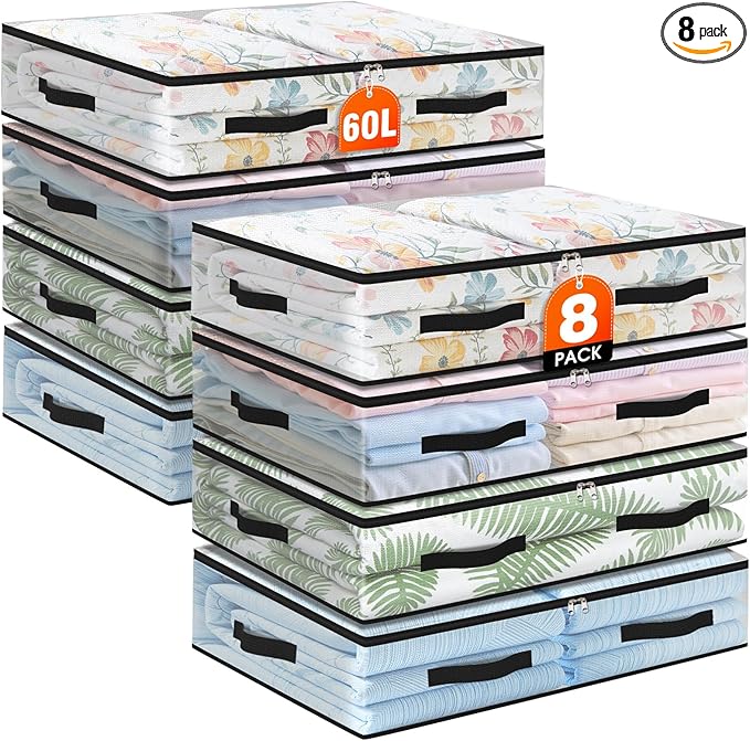 8 Pack Under Bed Storage Bags, 60L Foldable Clear Storage Containers by Unknown