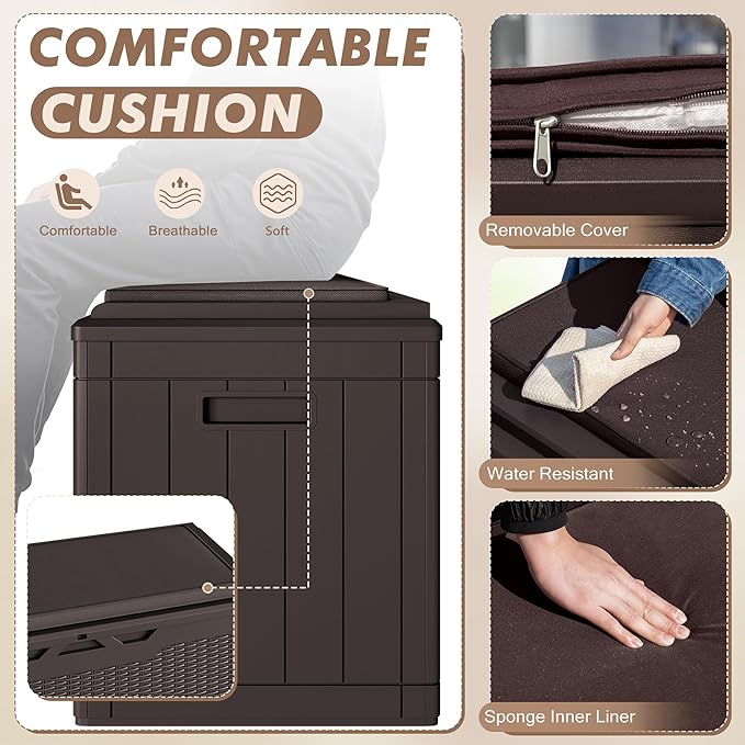 Devoko 100 Gallon Deck Box, Waterproof Resin Outdoor Storage Box with Cushion for Outside and Patio, Large Outdoor Storage Bench Cabinet Lockable for Patio Furniture and Garden Tools (Deep Brown) - Image 3