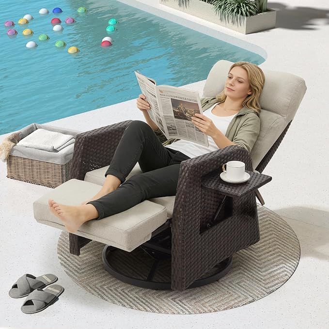 Adjustable Outdoor Recliner Chair with Independent Backrest & Footrest, Patio Swivel Recliner Chair, Wicker Reclining Patio Chair w/Flip-Up Table, Air Pump 155° Lay Flat Chaise Lounge, Beige - Image 3