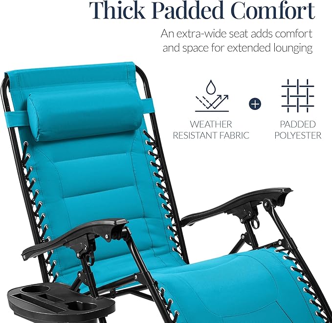 Best Choice Products Oversized Padded Zero Gravity Chair, Folding Outdoor Patio Recliner, XL Anti Gravity Lounger for Backyard w/Headrest, Cup Holder, Side Tray, Polyester Mesh - Aqua Blue - Image 4
