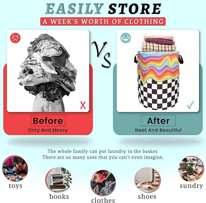 Rainbow Grey White Plaid Laundry Hamper Colorful Hippie Funny Laundry Basket - Image 3
