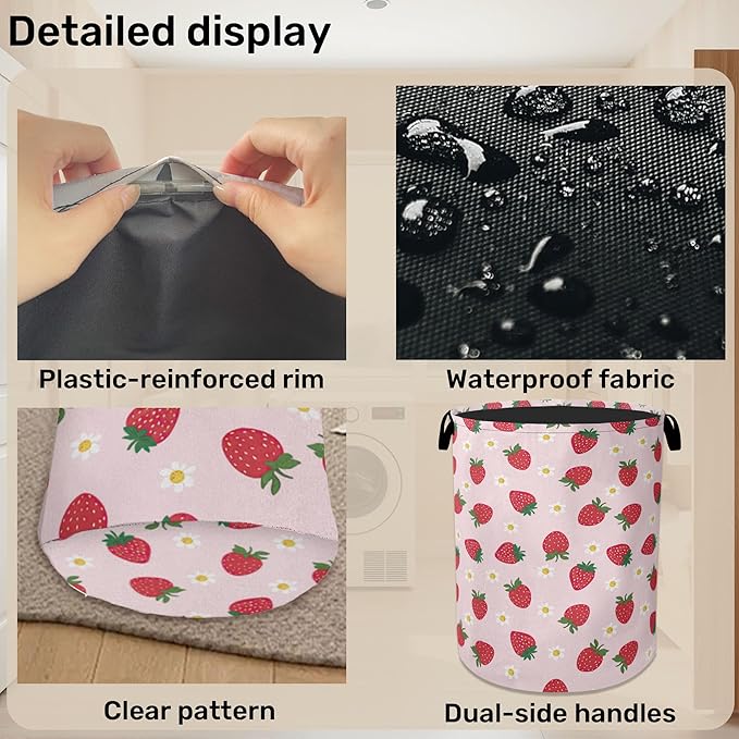 Cute Pink Strawberry Laundry Basket, Extra Large Foldable Hamper - Image 5