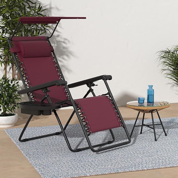 Best Choice Products Folding Zero Gravity Outdoor Recliner Patio Lounge Chair w/Adjustable Canopy Shade, Headrest, Side Accessory Tray, Textilene Mesh - Burgundy - Image 2