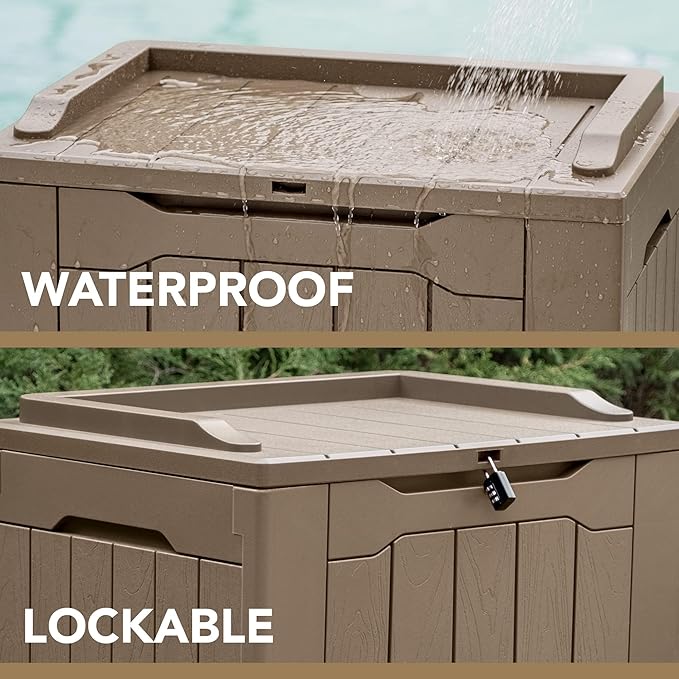 Devoko 30 Gallon Resin Deck Box Outdoor Indoor Waterproof Storage Box for Patio Furniture Pool Accessories Storage for Cushion Garden Tools (30 Gallon, Light Brown) - Image 2