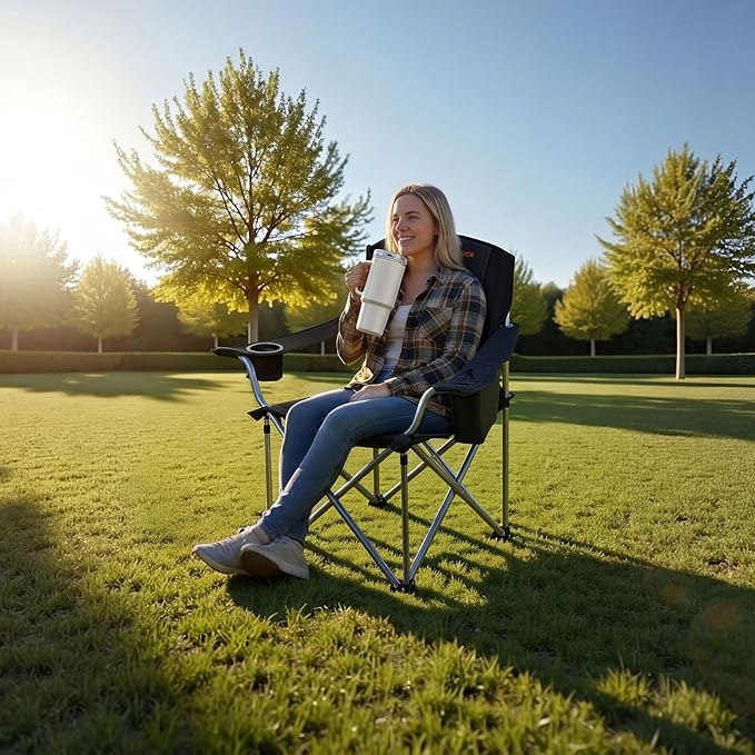 VEVOR Oversized Camping Folding Chair, Portable Heavy Duty Outdoor Quad Lumbar Back Padded with Side Pockets, Cup Holder and Cooler Bag for Beach, Lawn, Picnic, Fishing, Backpacking, 2 Pack - Image 2