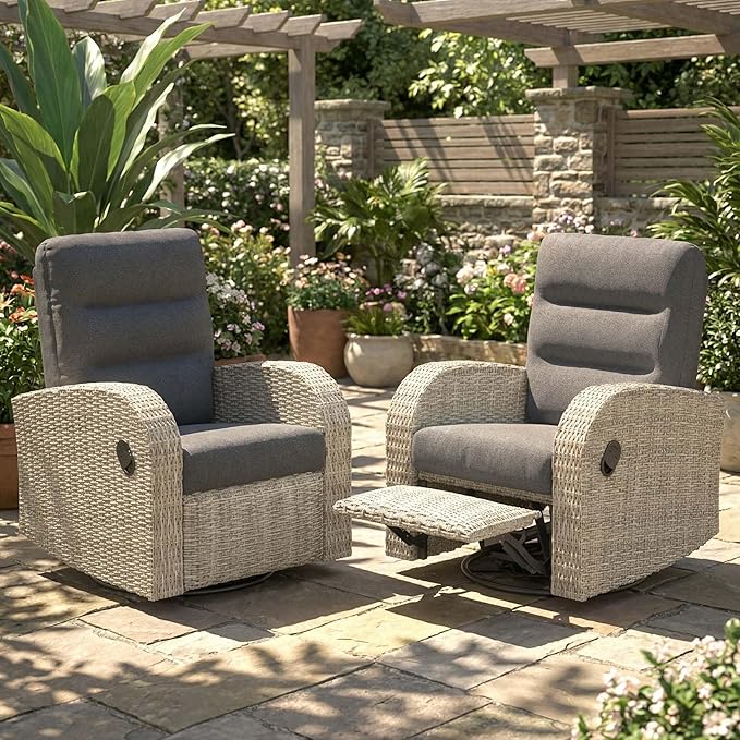Outdoor Swivel Recliner Chair Set of 2, All-Weather Wicker Reclining Patio Chair with Adjustable Backrest and Footrest by Vakollia