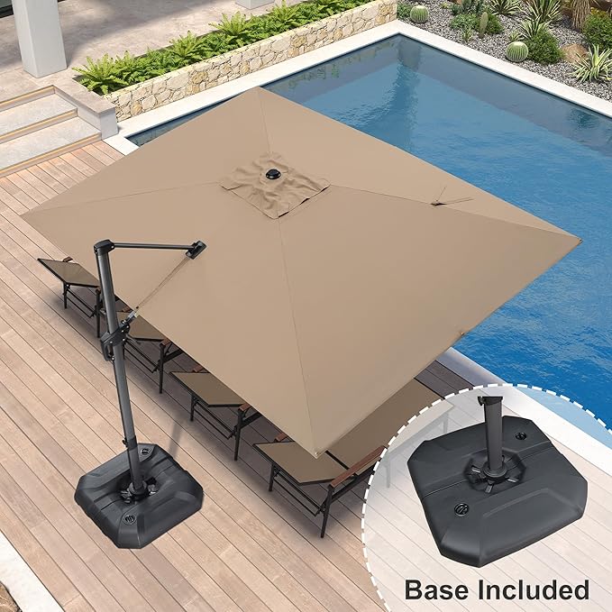 PURPLE LEAF 9' X 11.5' Square Cantilever Umbrella Patio Umbrella with Base Outdoor Umbrella Aluminum Offset with 360-degree Rotation for Garden Deck Pool Patio Taupe - Image 2