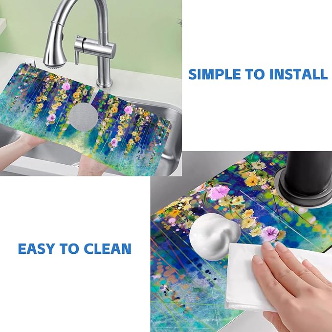 Abstract Watercolor Floral Kitchen Sink Splash Guard Mat Absorbent Fast Drying - Image 5