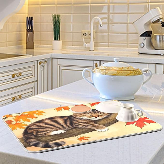 Fall Cats Dish Drying Mat for Kitchen Countertop 18x24 Autumn Maple Leaves - Image 6