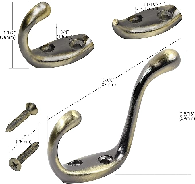 Rok Hardware Heavy Duty Dual Coat Hook, Antique Brass, 10 Pack ROKCH101AB - Image 2