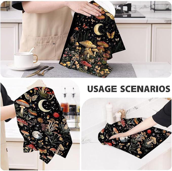 Mushroom Moth Kitchen Towels Decorative Set of 4, Witchy Dish Towels Absorbent - Image 7