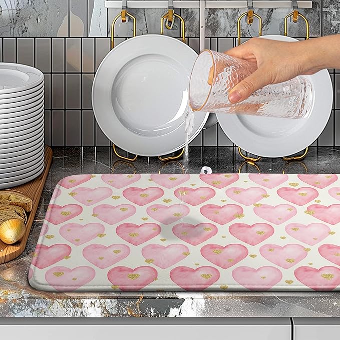 Valentines Dish Drying Mat Valentine Dishes Drying Pad Pink Golden Heart Love - Image 4