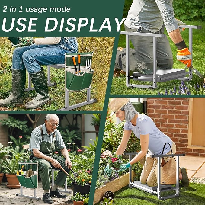 FLINTER Garden Kneelers Seat, Stable and Save Tip-Resistant Design 10.2" Wider Garden Kneeler and Seat with Handle, Heavy Duty Gardening Stool for Seniors, Gardening Weeding Bench for Parents - Gray - Image 4