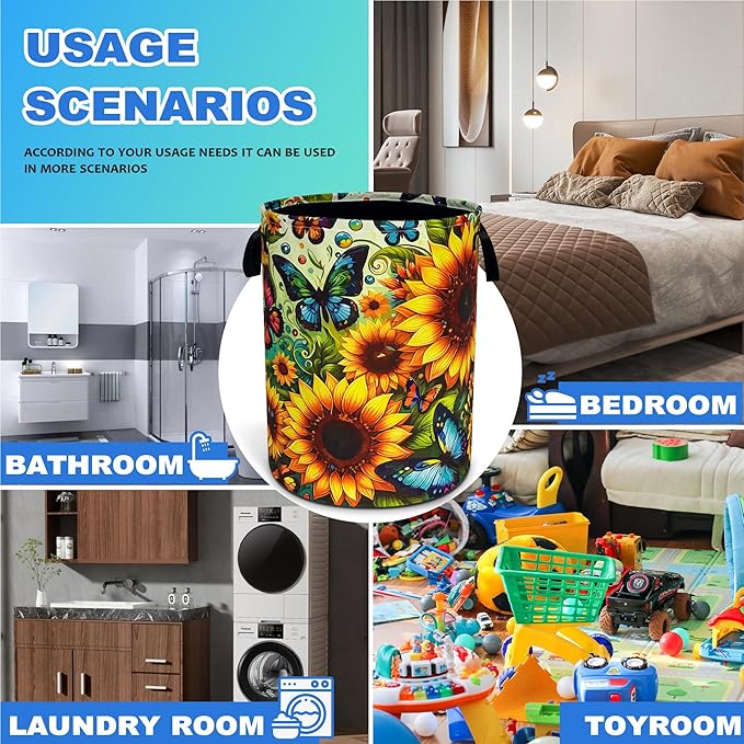 Beautiful Butterfly Sunflower Laundry Basket Oxford Cloth Laundry Hamper - Image 4