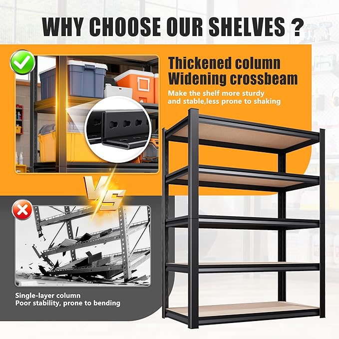71.2"H-45.6"W Garage Shelving Heavy Duty Storage Shelves, Metal Adjustable Shelving Unit, Utility Garage Organizer Shelf for Basement, Pantry, Kitchen, Warehouse, 45.6"Wx17.7"Dx71.2"H, Black - Image 5