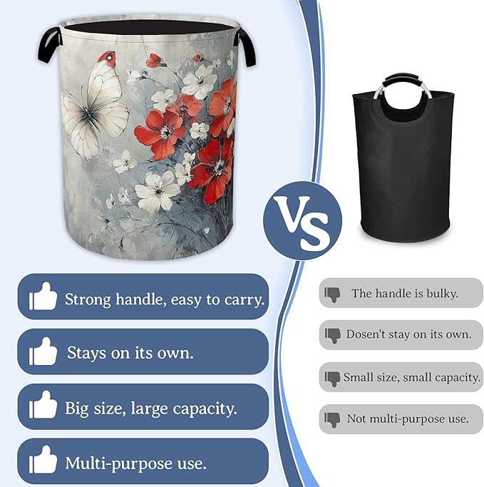 Butterfly Flowers Laundry Basket, Foldable Oxford Cloth Red Laundry Hamper - Image 3