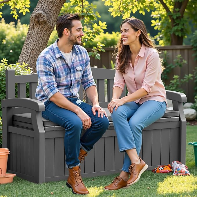 Flamaker 80 Gallon Storage Bench with Cushions Outdoor Indoor, Durable All-Weather Seating with Hidden Storage, Lockable Deck Box for Garden, Patio, Poolside (Grey) - Image 7