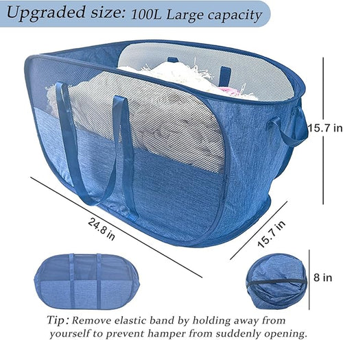 100L Collapsible Laundry Baskets 2 Pack, Extra Large Mesh Pop Up Laundry Hamper - Image 2