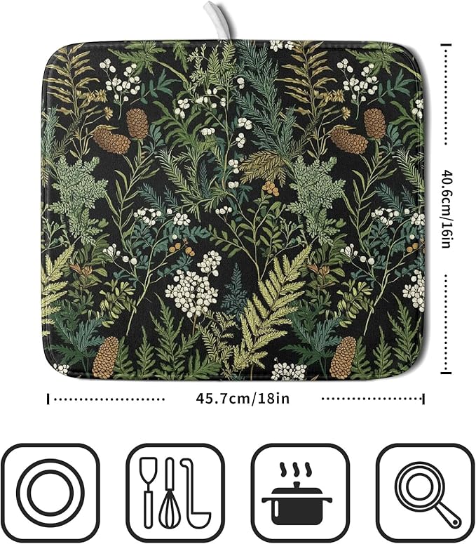 Green Plant Fern Leaves Floral Dish Drying Pad 16 x 18 Inch - Image 2