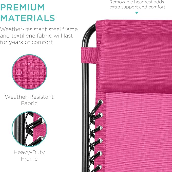 Best Choice Products Set of 2 Adjustable Steel Mesh Zero Gravity Lounge Chair Recliners w/Pillows and Cup Holder Trays - Hot Pink/Black - Image 6