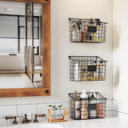 Wall Mounted Bin Basket with 5 Hooks 3 Label Plate Adhesive-3 Pack, Cabinet - Image 2