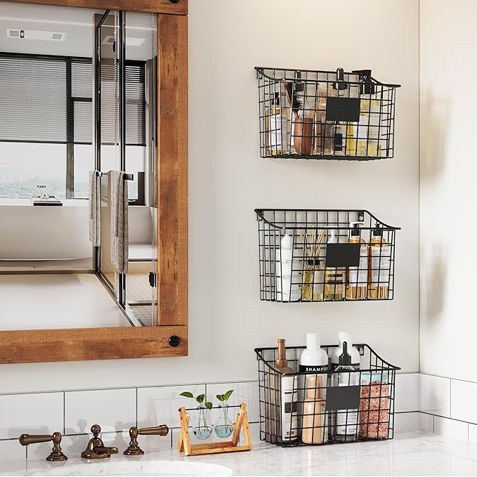 Wall Mounted Bin Basket with 5 Hooks 3 Label Plate Adhesive-3 Pack, Cabinet - Image 2