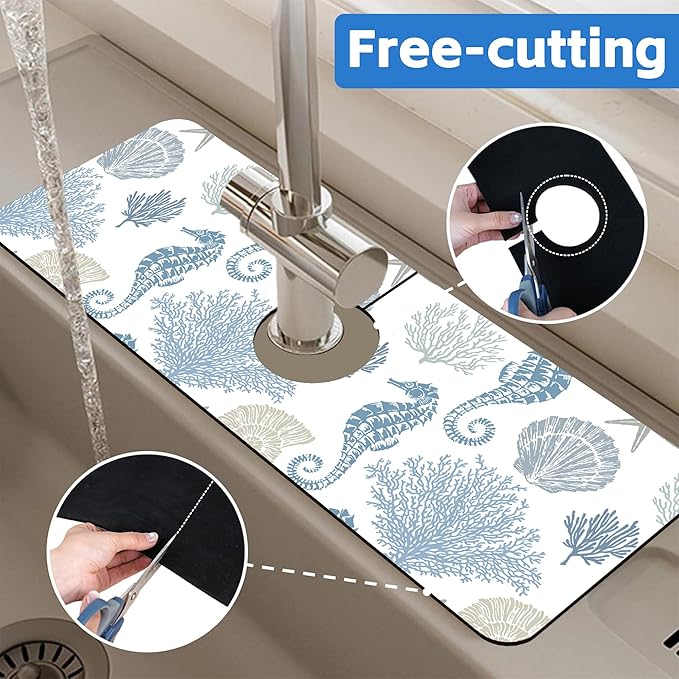 Marine Seashell Seahorse Coral Kitchen Sink Splash Guard Mat Absorbent Fast - Image 7