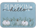Fall Pumpkin Aqua Blue Dish Drying Mat by Wamika