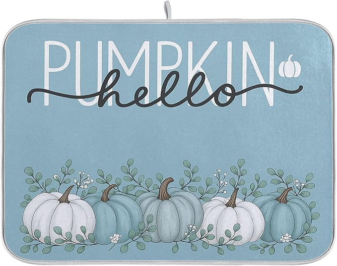 Fall Pumpkin Aqua Blue Dish Drying Mat by Wamika