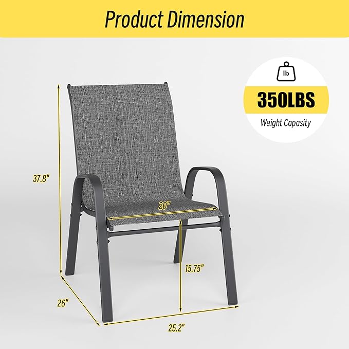 Betterhood Patio Chairs Set of 6, Stackable Outdoor Dining Chairs Set with Breathable Seat Fabric, All-Weather Powder-Coated Metal Frame for Deck, Pool Side and Backyard, 350LBS Capacity - Image 3