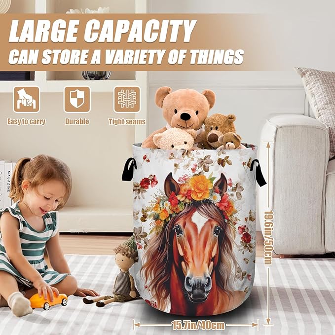 Watercolor Horse Laundry Basket, Foldable Waterproof Animals Floral Laundry - Image 2