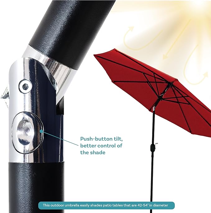 Sunnydaze Outdoor Patio Umbrella - Polyester Table Market Umbrella with Push-Button Tilt and Crank - 8 Sturdy Ribs - Red - 9ft - Image 3
