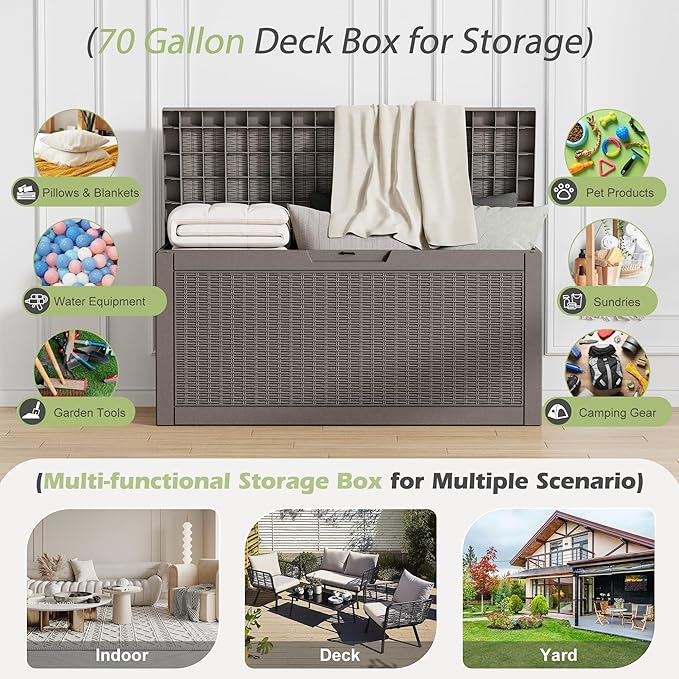 Outdoor Storage Box, Resin Deck Boxes Indoor and outdoor, Waterproof Storage Box Lockable Lid (Grey,70 Gallon) - Image 4